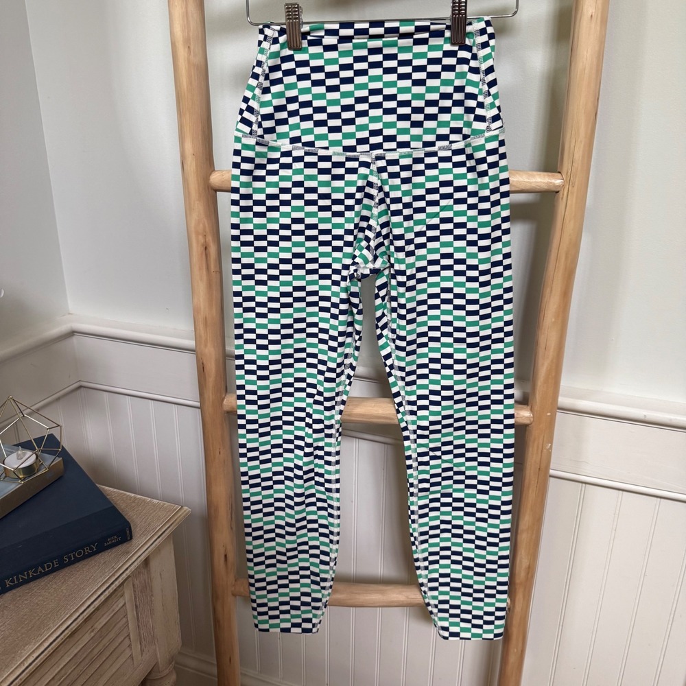 Tavi Womens High Rise Checkered Leggings Green Navy Blue Geometric Size M